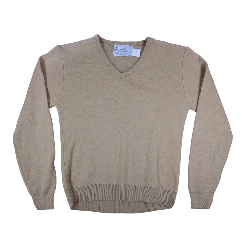 Scudder Sportswear V-Neck Sweater Youth Medium 10-12 Vintage 70s Tan Acrylic USA